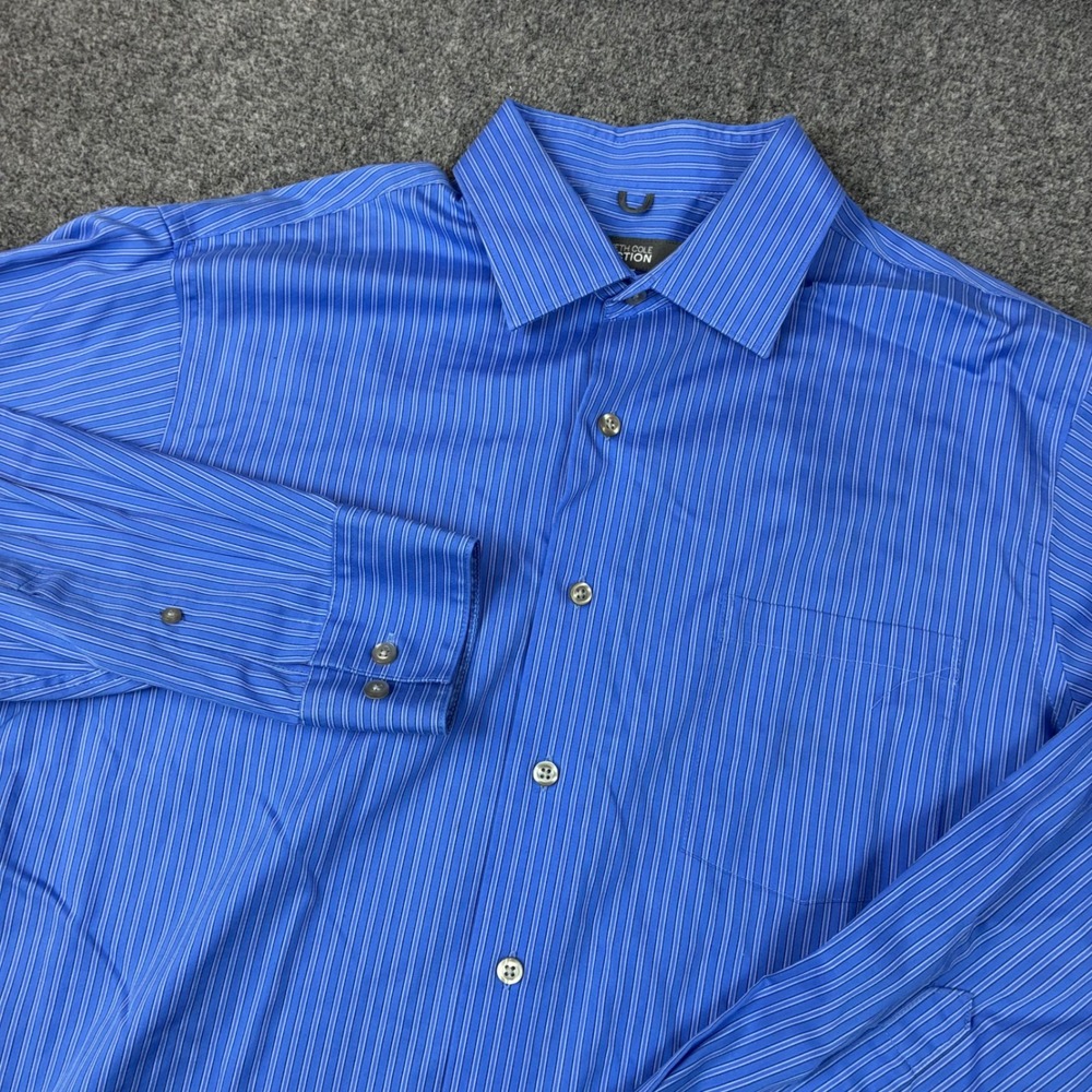 Kenneth Cole Reaction Mens Blue Striped Non-Iron Dress Shirt Reg Fit L 16-16.5